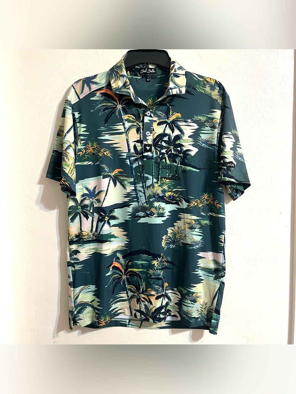 Bad Birdie “Tropic Thunder” Golf Polo Shirt Size Small Green Tropical Palm Tree